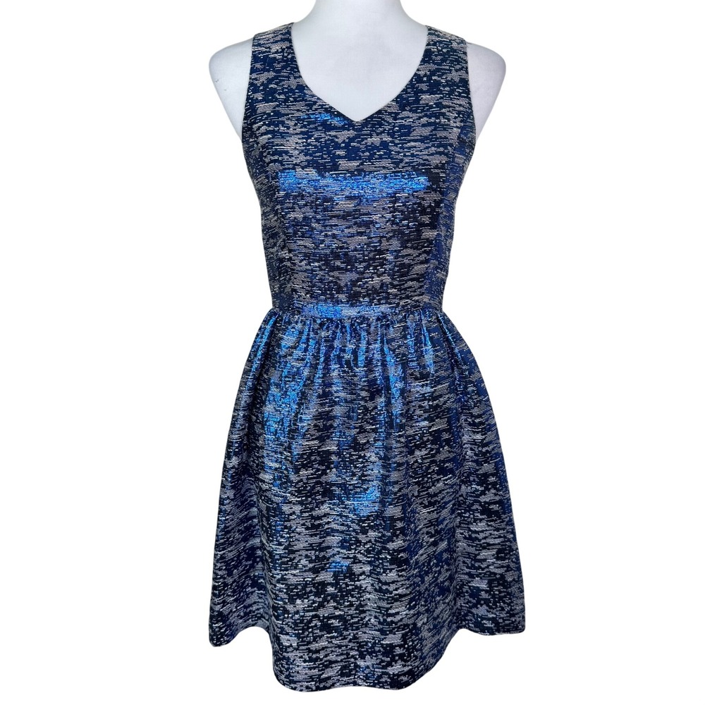 KENSIE NWT Women's XS Metallic Blue Silver Brocade V-Neck Fit Flare Party Dress